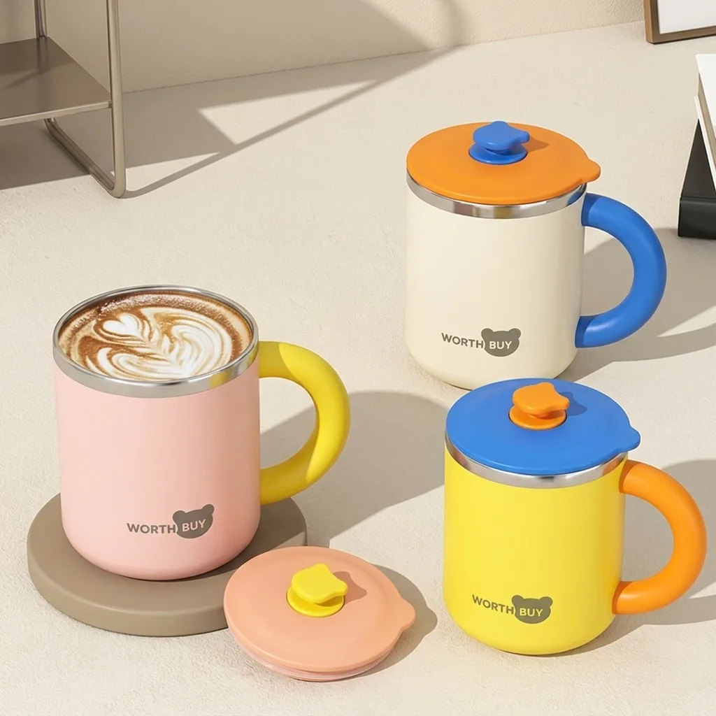 Cute 3004 Stainless Steel Thermal Coffee Mug Double Wall Insulated Tumbler with Lid Handle Kids Office Travel Milk Water Cup Dri