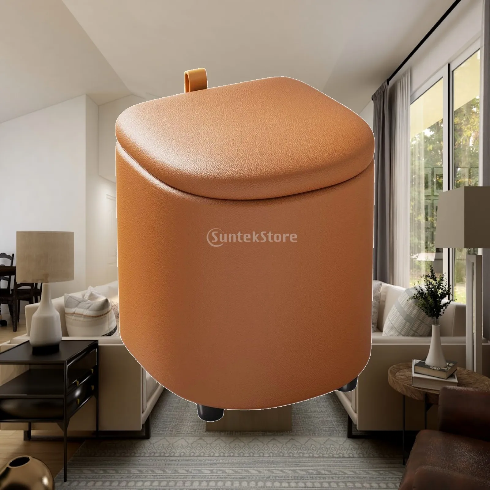 Smart Storage Stool with Wheels for Home Furniture Featuring Nappa Leather Seat and Wood Frame