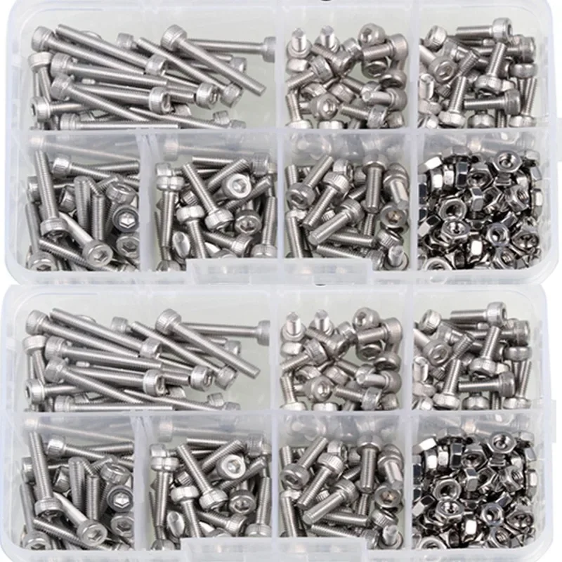 

ELECTRAPICK 250pcs M3*6/8/10/12/16/20 Stainless Steel Cap Head Screws Sets Hex Socket Bolt With Hex Nuts Assortment Kit