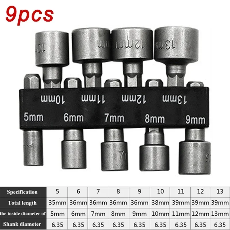 9pcs 5-13mm Hexagonal Shank Hex Nut Socket Screw Set Metric Driver Professional Grade Adapter Drill Bit Tools for Metalwork