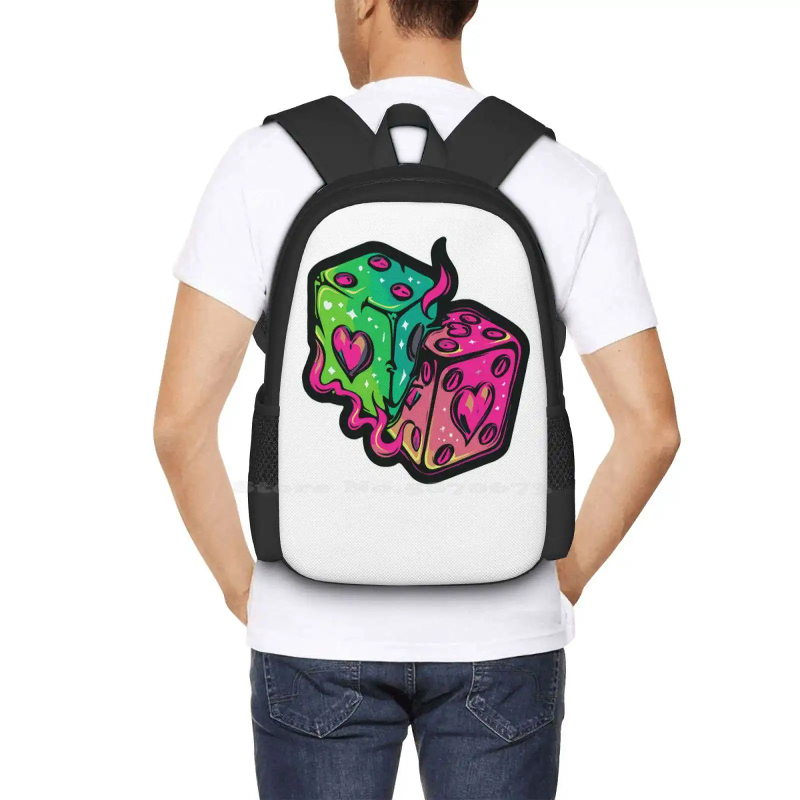 Neon Dice Hearts School Backpack, Fashion Bags, DicelGruNerd Cute Nette Digmanual Art Flames, Lovegame, Hot Sale