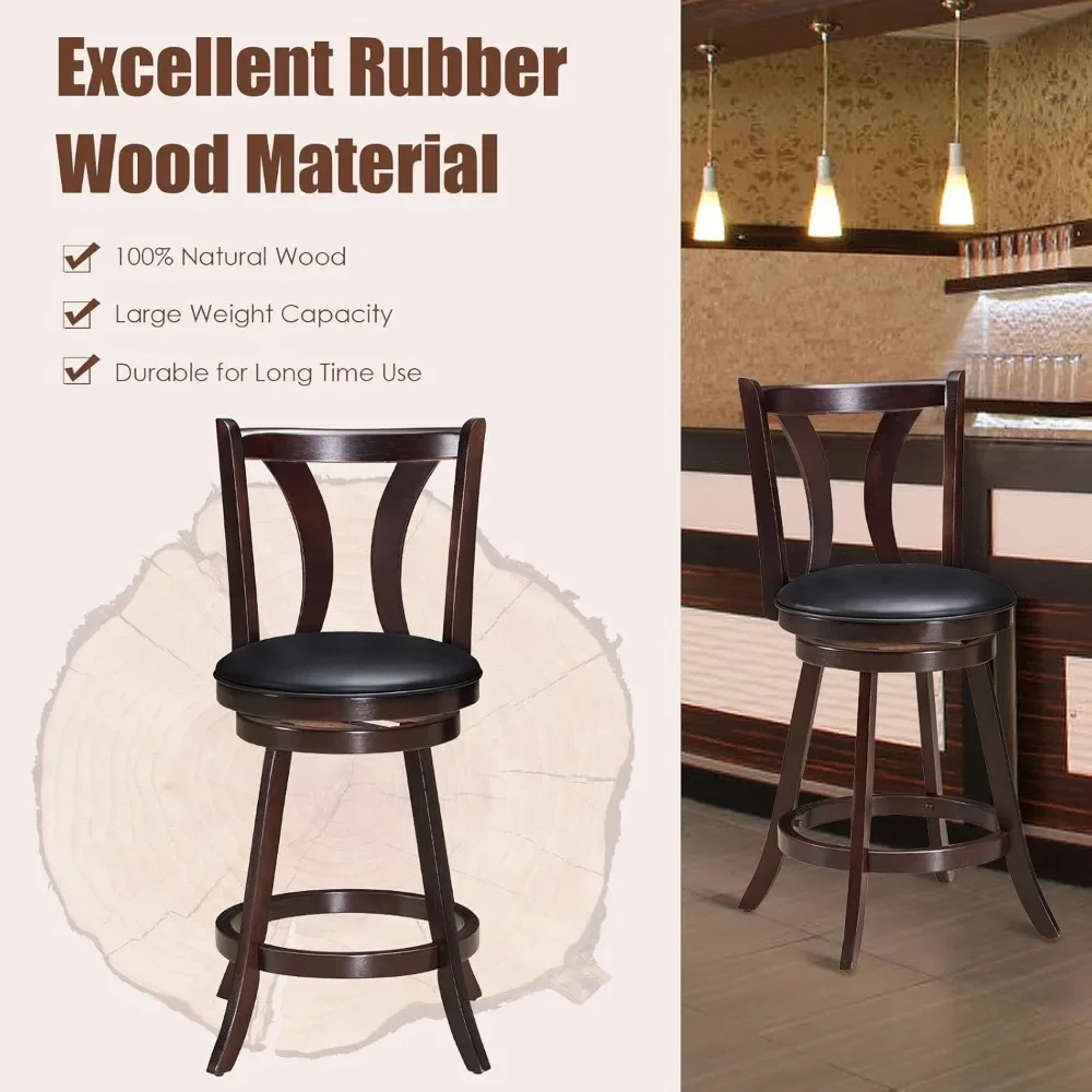 Bar Stools Set of 2, 360-Degree Swivel Stools with Leather Padded Seat, Single Slat Back & Solid Rubber Wood Legs