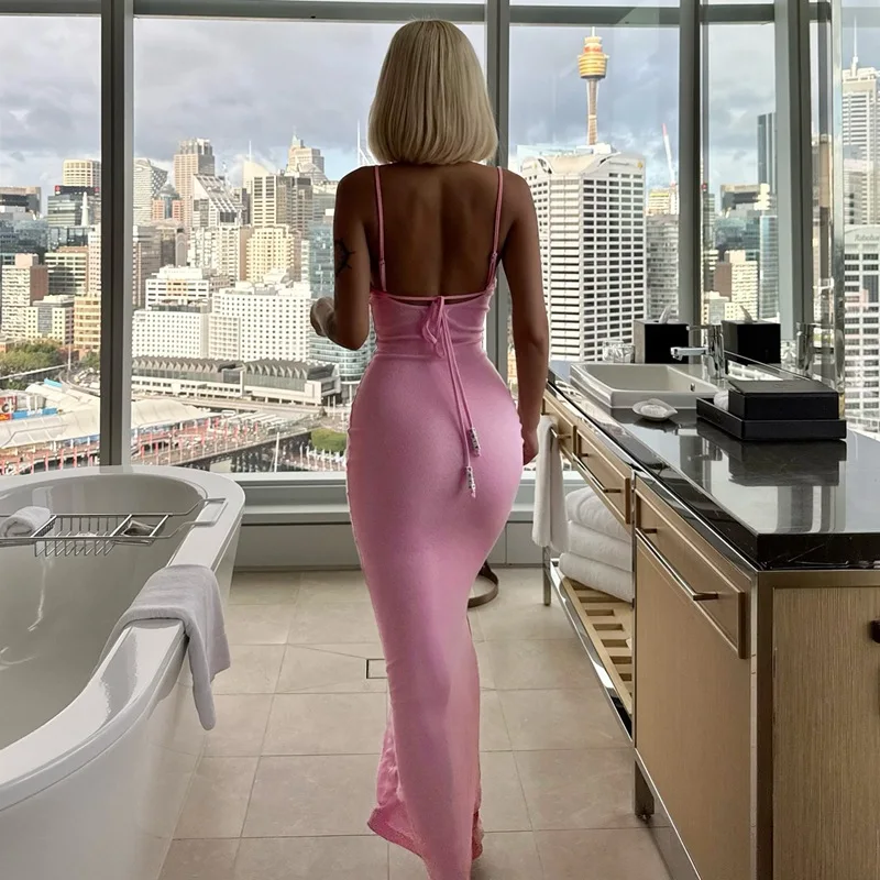 فساتين صيفية عصرية للنساء فساتين طويلة بقصة ضيقة ملابس خروج بدون أكمام قميص حفلات وردي ملابس جمالية أنيقة Y2k