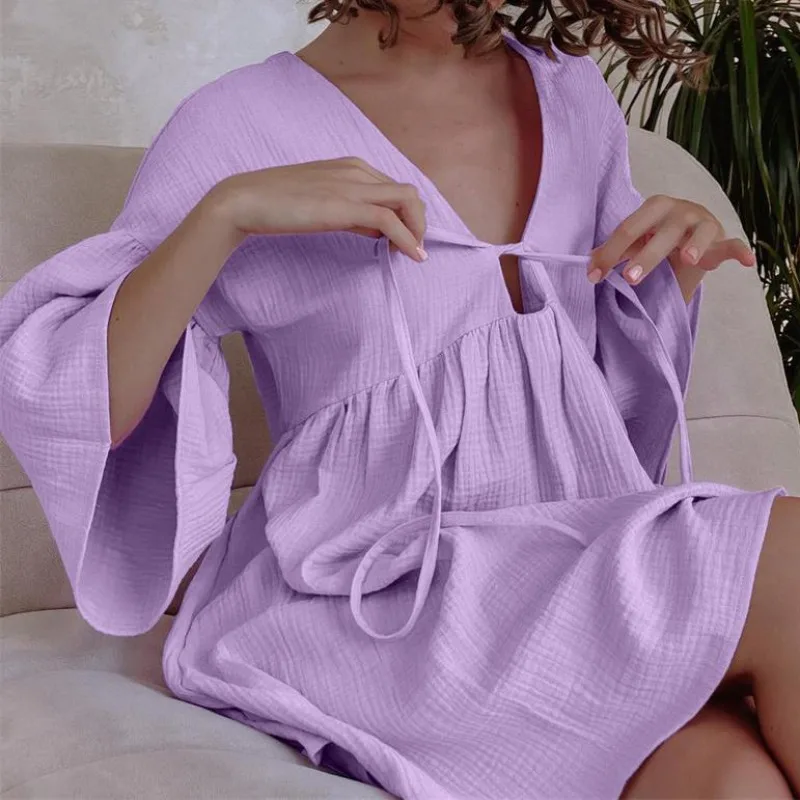 2026 Popular Pure Cotton Pajamas Women's European and American Seven-quarter-sleeved Pajamas Outer Wear, Home Loose Casual Dress