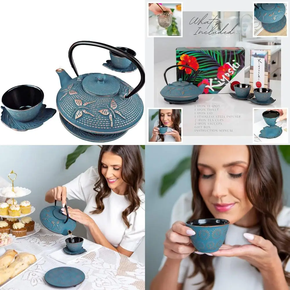 Juego de té japonés de hierro fundido: mariposa azul de 7 piezas con infusor, tazas y edredón para ceremonias Matcha