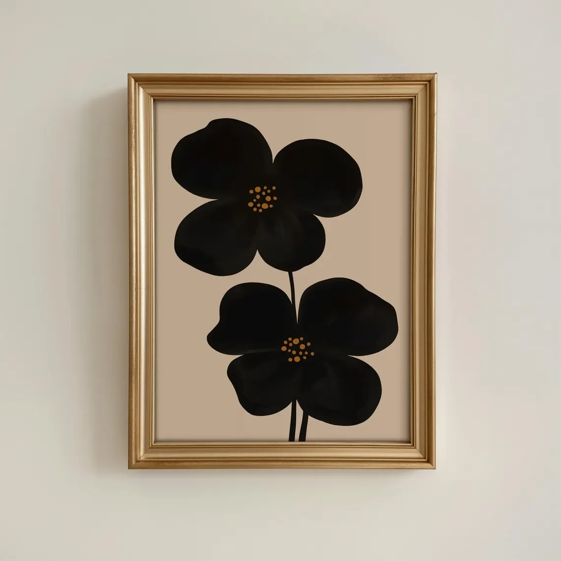 Moody Wall Art Black Floral Print, Oversized Flower Print Abstract Mid Century Framed Print, Minimal Japandi Black & Beige Flowe image 3