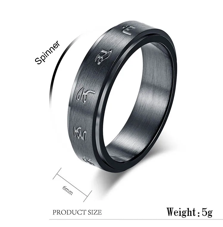 Tibetan Buddhist Black God of Wealth Mantra Ring for Men Boy Stainless Steel Spinner Rings Religion Lucky Male Jewelry