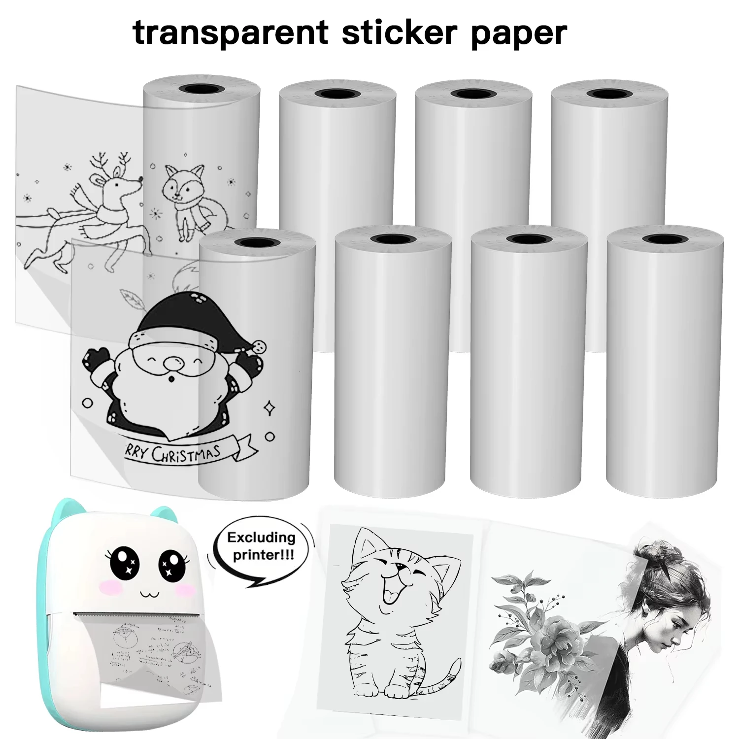 3/6/9 Rolls Mini Printer Paper Glossy Clear Thermal Stickers Single-Use Extended-Length Adhesive Paper for Pocket/Mini Printers