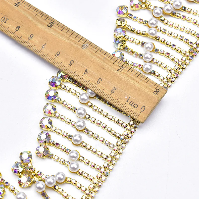 1 Yard Gold AB Color Rhinestone Pearl Tassel Crystal Chain Fringe Trimming Wedding Dress Costume Diy Jewelry Accessories