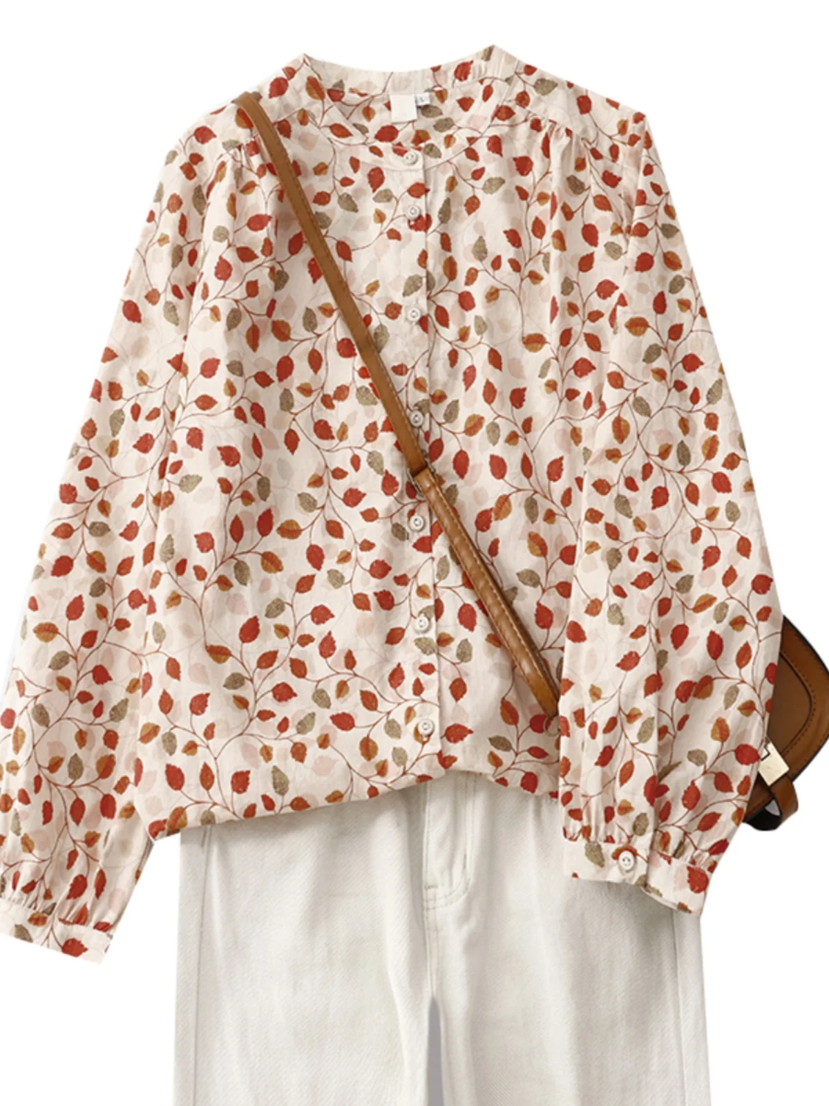 Outono 2024 solto ajuste redondo ne casual irt vintage nacional sle versátil impresso confortável longo sve topo feminino