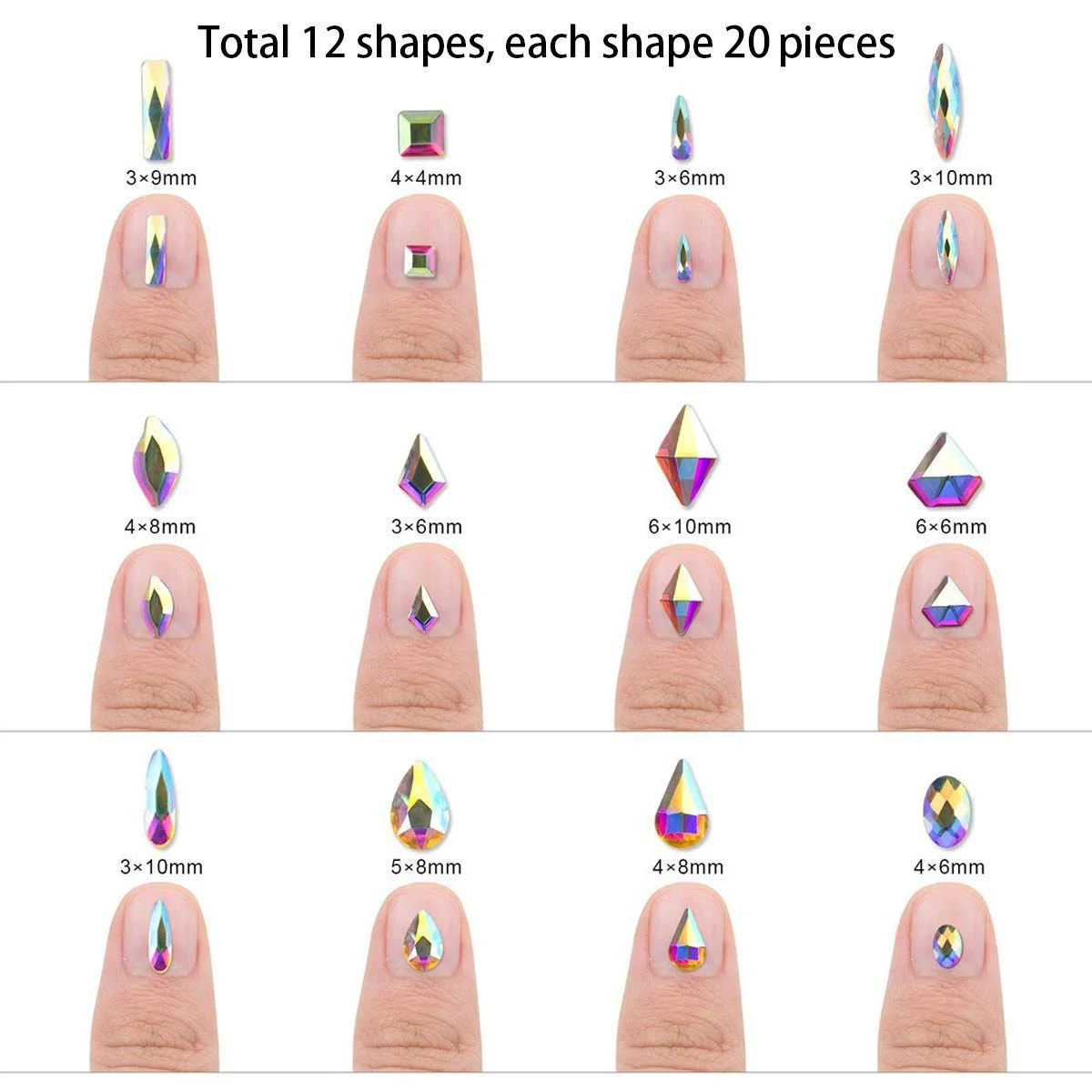 120個の多様な形のネイルジェムストーン + 1440個のSS4/SS5/SS6/SS8/SS10/SS12 ABネイルラインストーン + 1個のピックアップピンセット + 1個のワックスペンシル
