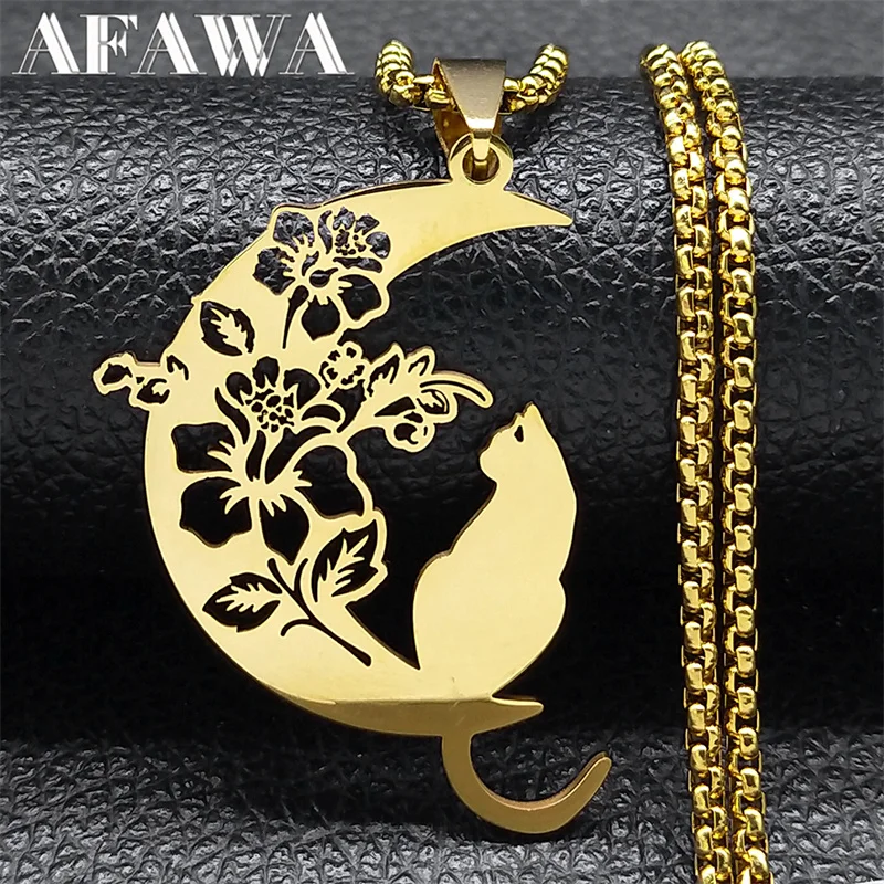 Aesthetic Flower Cat Crescent Moon Pendant Necklace for Women Men Stainless Steel Gold Color Animal Chain Jewelry colar N3220S02