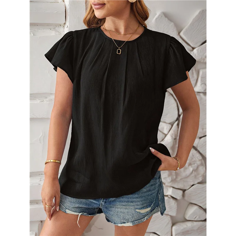

ABRT-Women Summer Dressy Pleated Petal Cap Short Sleeve Tops Elegant Casual Loose Fit Tunic Blouse Tees