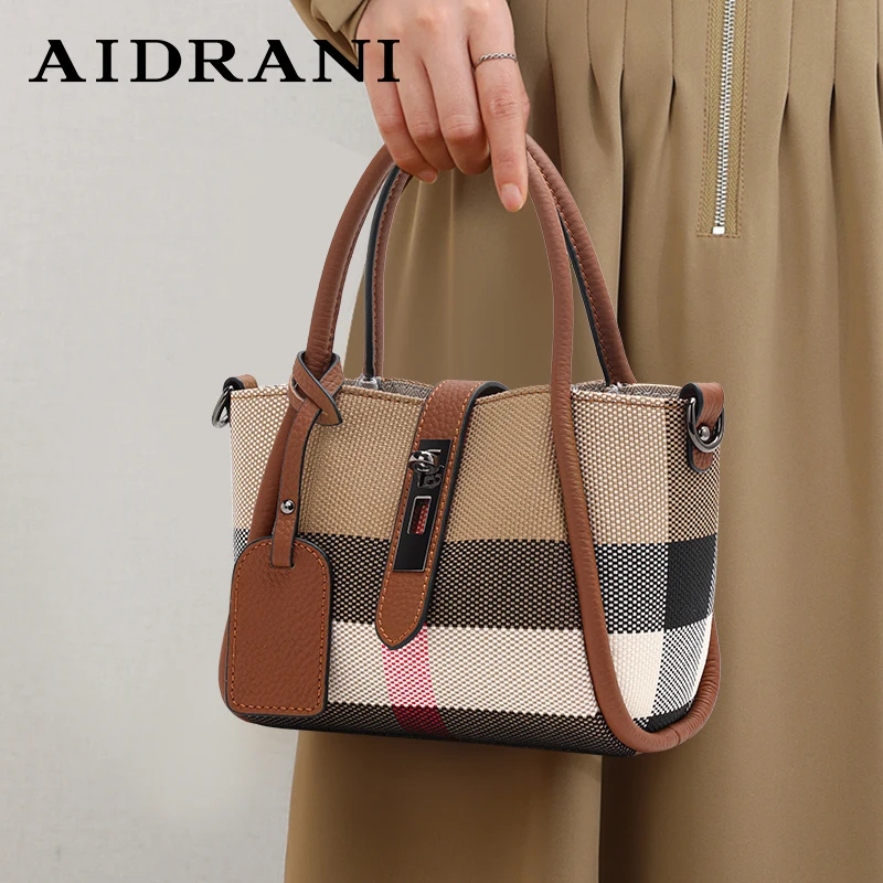 Aidrani  New women\'s plaid handbag, mini style, made of canvas and cowhide materials, brown