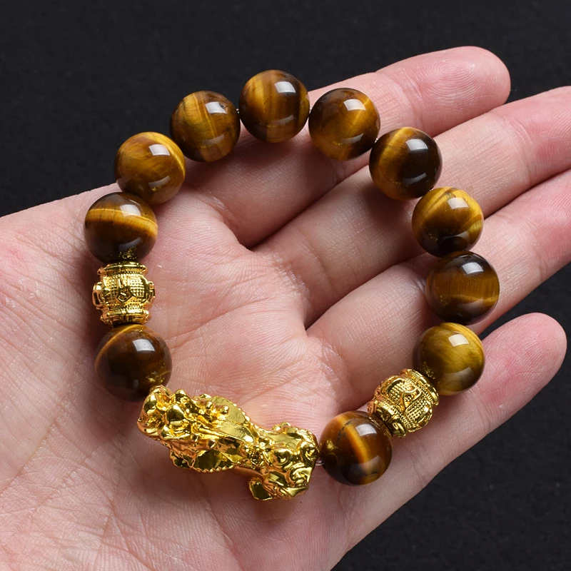 Pi Xiu Tiger Eye Stone Beads Bracelet Feng Shui Yellow Power Stone Women Men Elastic Jewelry Gold Color Pixiu Good Luck Bracelet