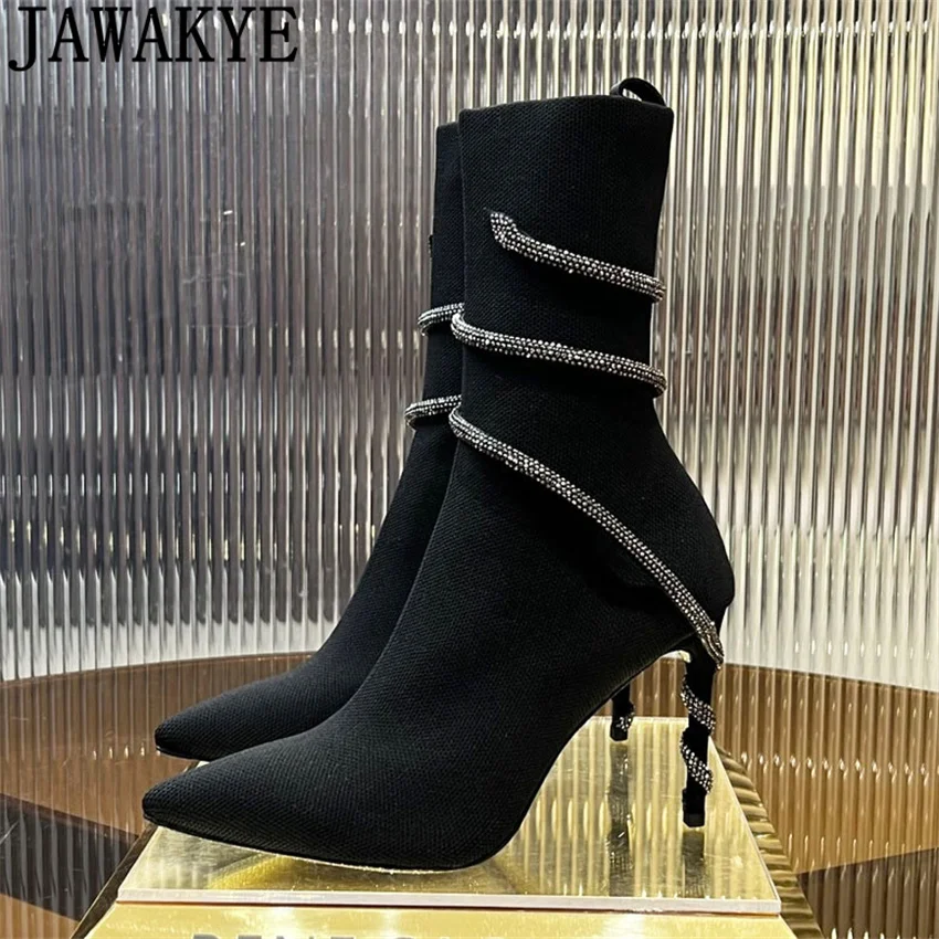 

Эластичные черные вязаные ботильоны на тонком высоком каблуке, женские ботинки челси с острым носком, зимние пикантные модные женские ботинки для вечеринок ﻿