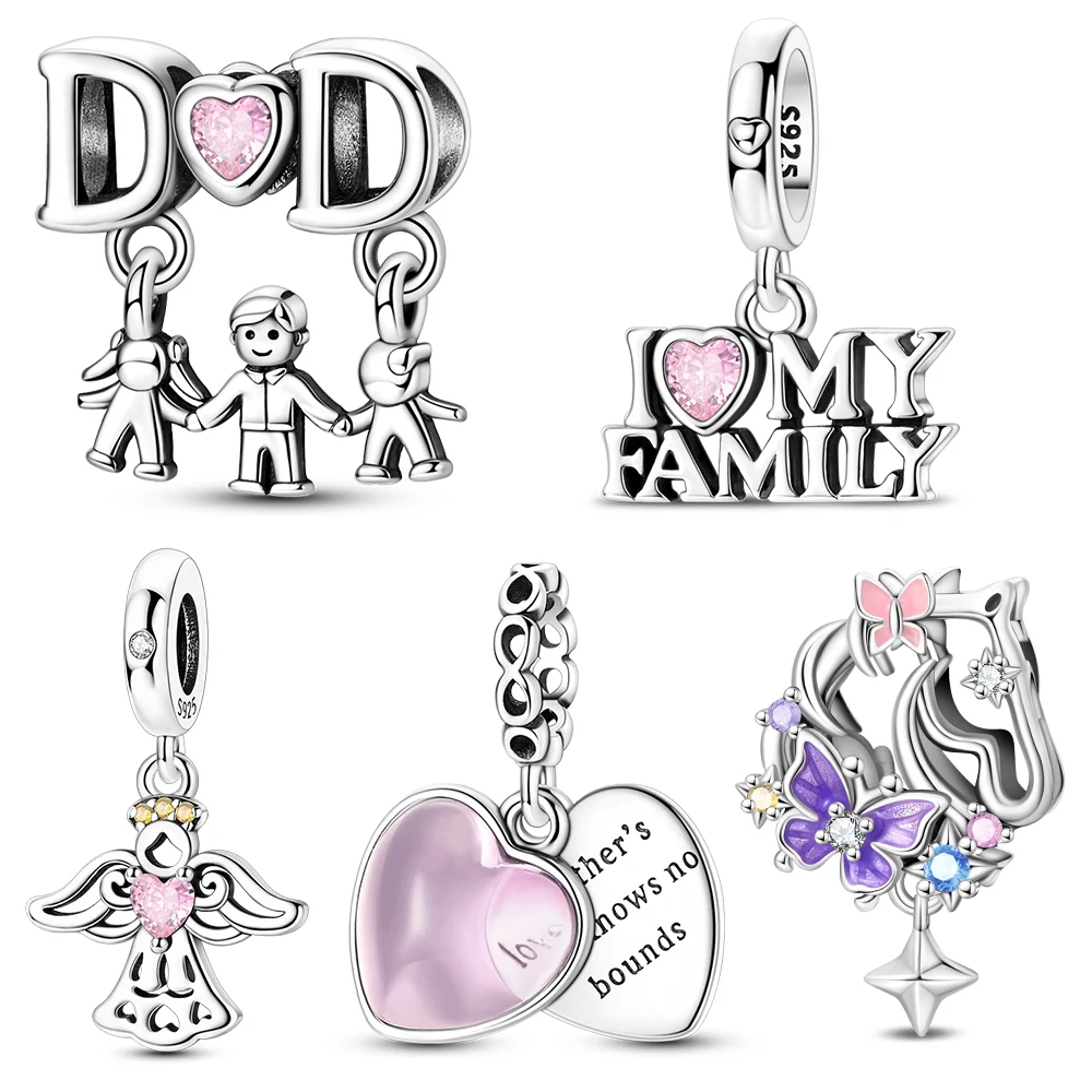 Happy 925 Sterling Silver Family&Angel&Love&Horsehead Pink Pendant Fit Brand Bracelet Family Jewelry