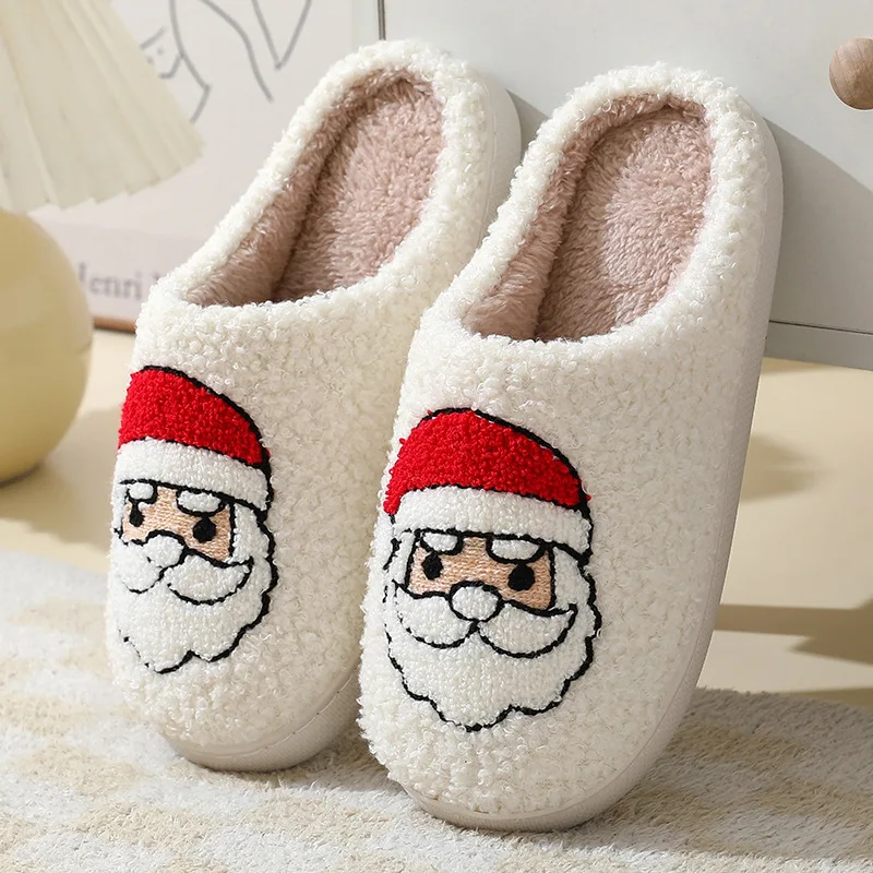 Eyriphy-Pantoufles Chaudes Bouclées en Coton et Peluche pour Femme, Chaussures Plates et Douces de Noël pour Chambre à Coucher