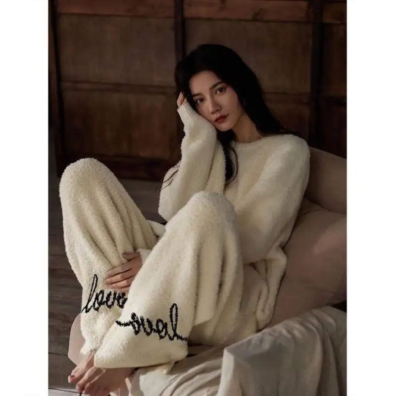 

Женский пижамный комплект с полуворсом, зимняя кавайная домашняя одежда, минималистичный пижамный костюм из кораллового флиса, утепленная ночная рубашка, милая минималистичная одежда для сна