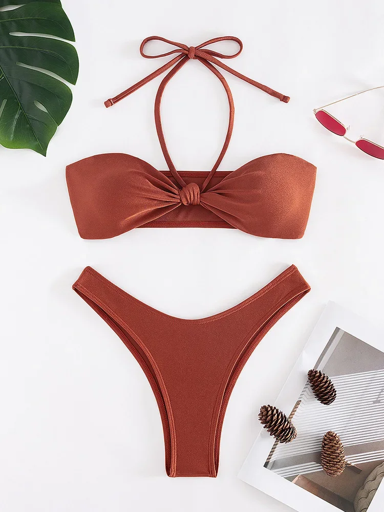

Two Pieces Swimsuit Bandage Bikinis Halter Off Shoulder Swimwear Bathing Suit Summer Beachwear Low Waist Brown Bikini Set