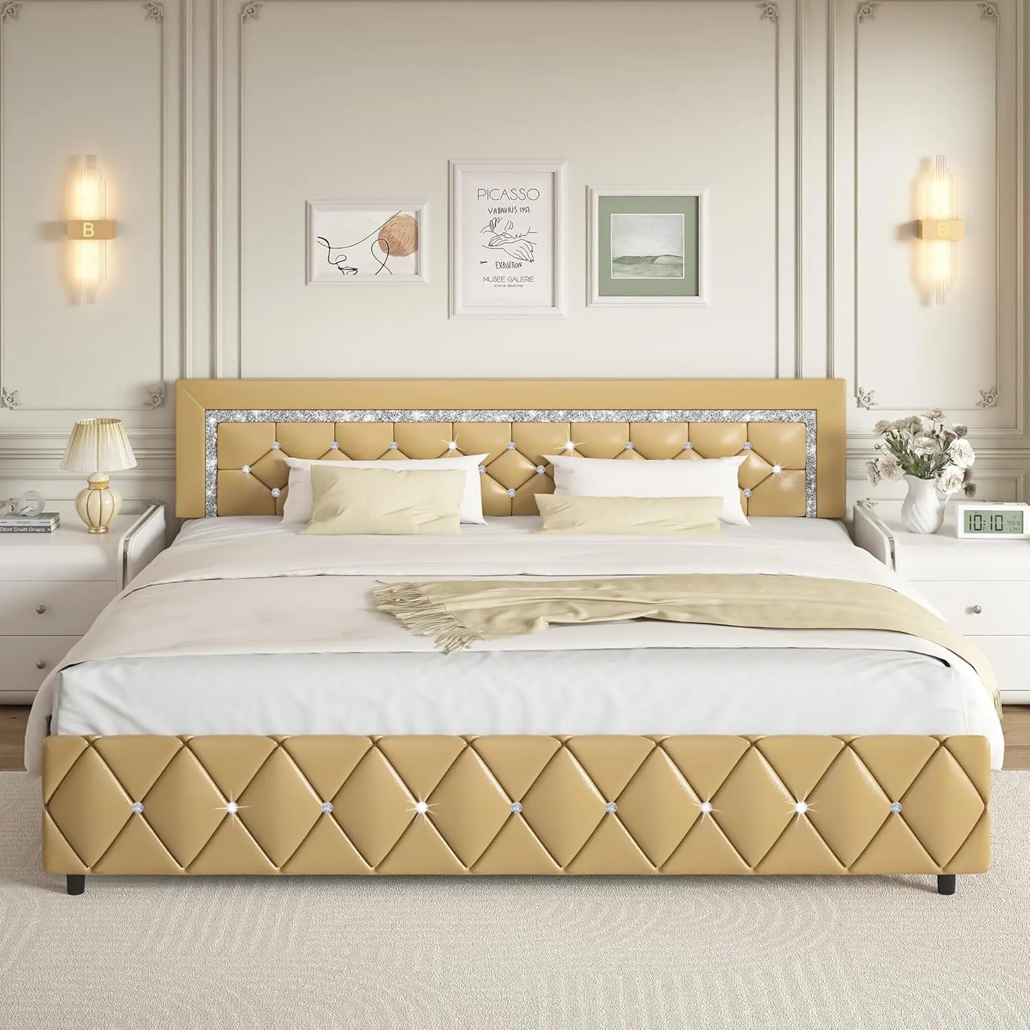 King Size Bed Frame with Adjustable Button Tufted Headboard, Modern Platform Bed with Crystal Design, Wooden Slats Support,