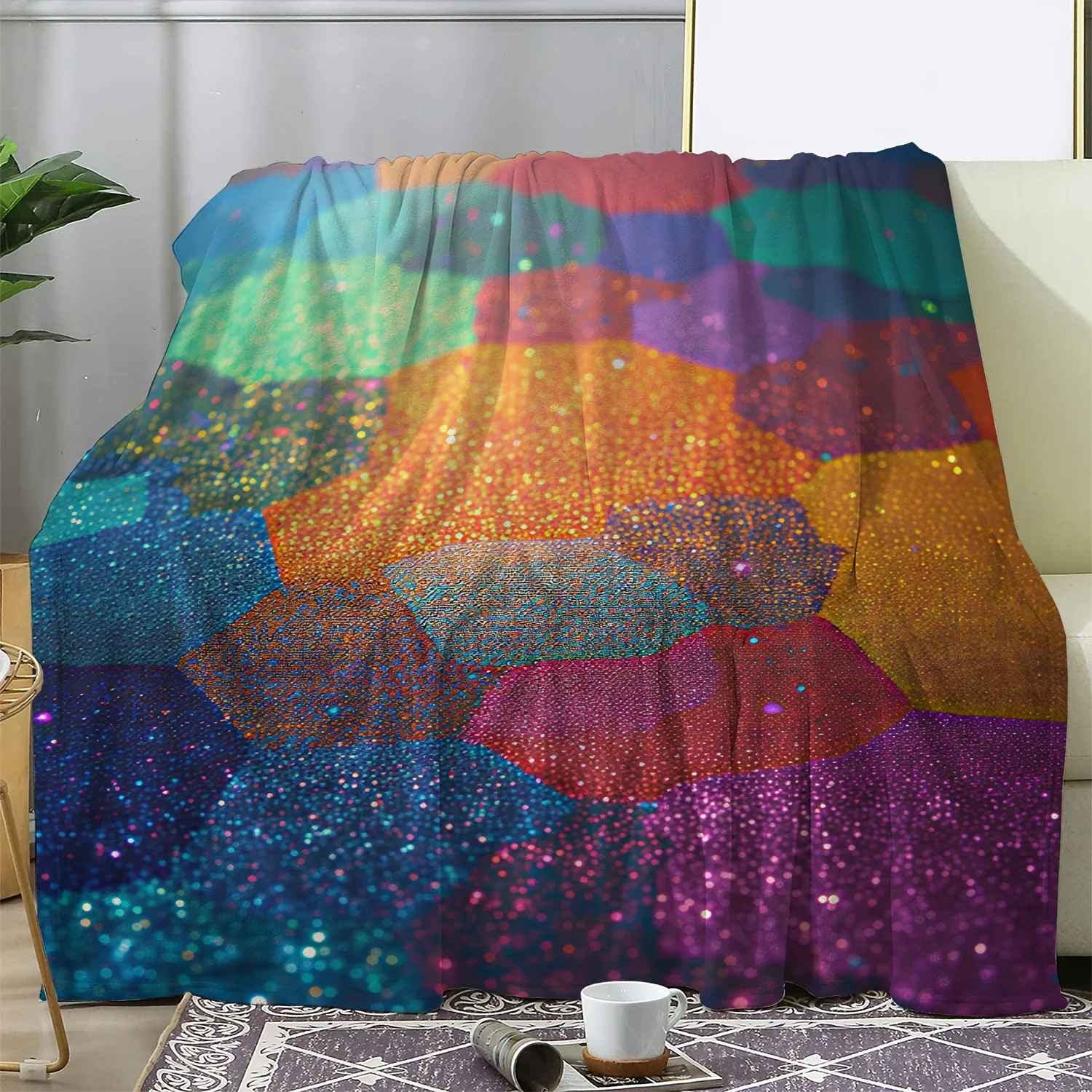 Hexagonal mosaic pattern Flannel printed blanket suitable for all seasons suitable for living room office sofa and travel