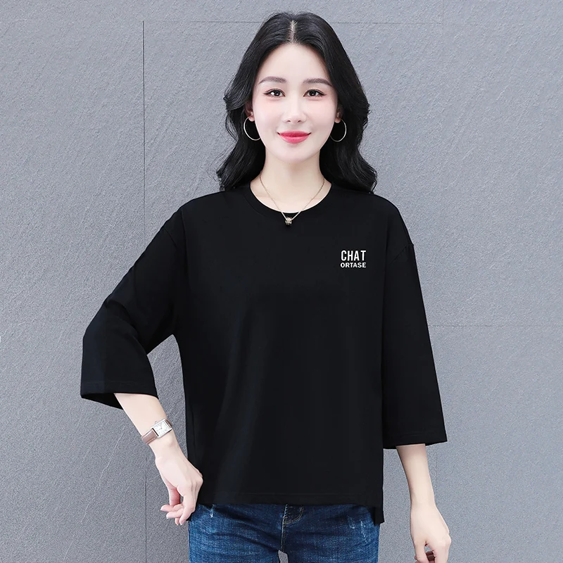 

2025 new large-size middle-aged women's pure cotton three-quarter sleeve T-shirt spring and summer loose casual versatile top