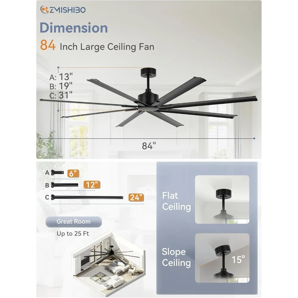 Ventilador de teto com controle remoto, configurações de 6 velocidades e função de temporizador e mod reverso do motor, 8 lâminas reversíveis, ventilador de teto de 84 pol.