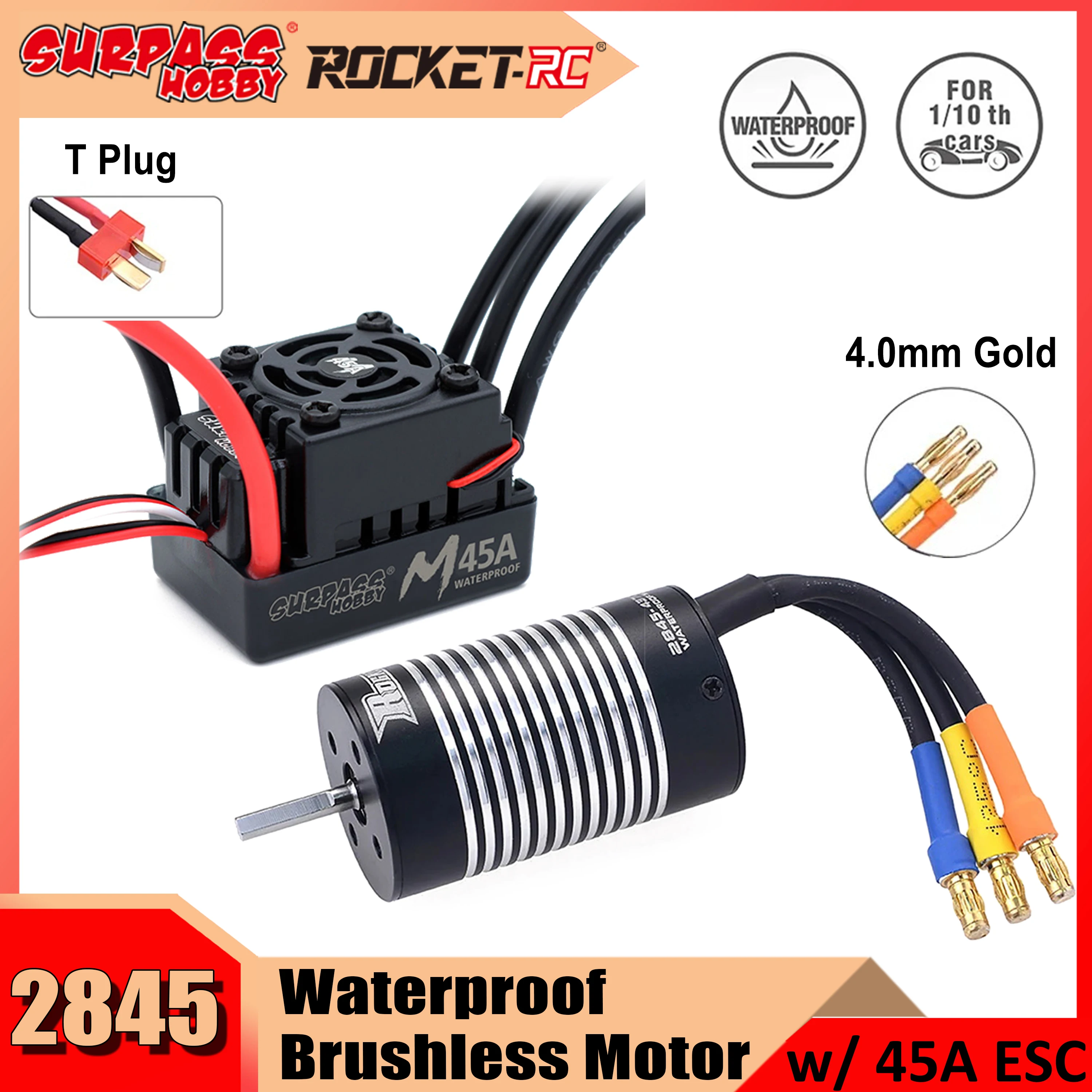 Surpass Hobby Rocket 2845 Waterproof Brushless Motor w/ 45A ESC Combo for 1/12 1/14 RC Car Wltoys 144001 12428 Traxxas HSP Robot