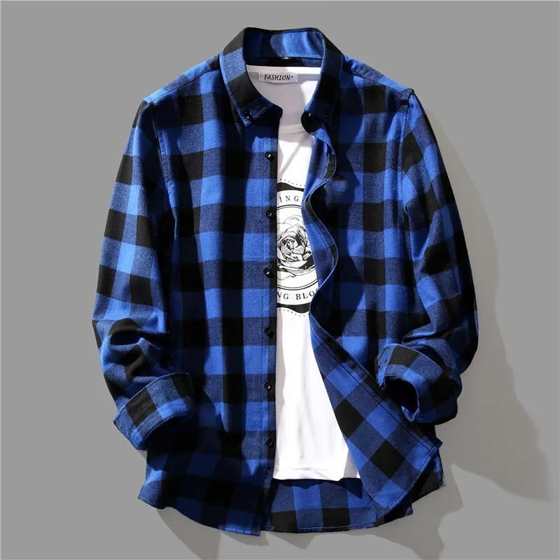 Men\'s Korean Fashion Black White Plaid Shirt Loose Long-sleeved Casual Handsome Tops Shirts And Blouses