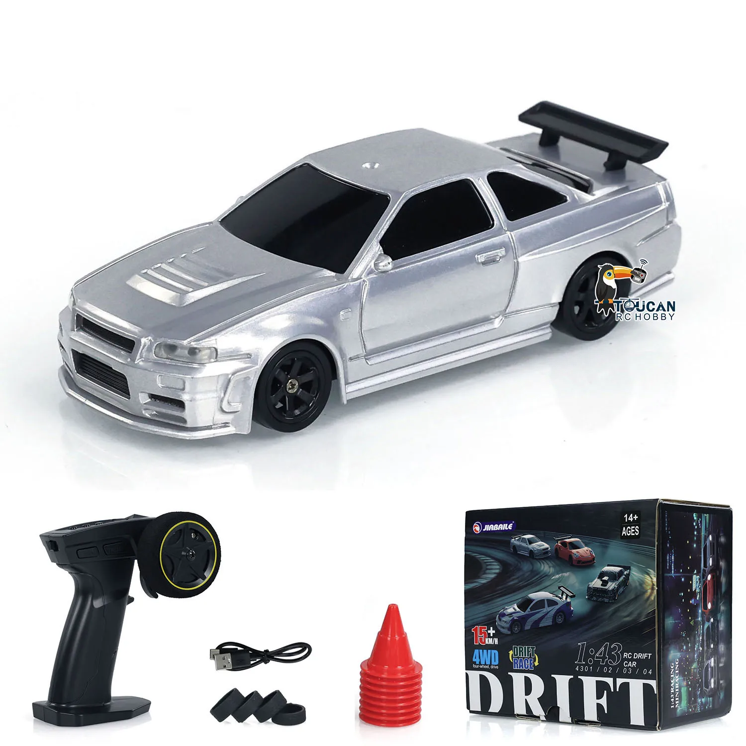 Mini 1/43 Drift Race Car RTR Remote Control Toy Car 4WD Tyres Radio Lights Traffic Cones Ready to Play Toy Model Gifts for Boys