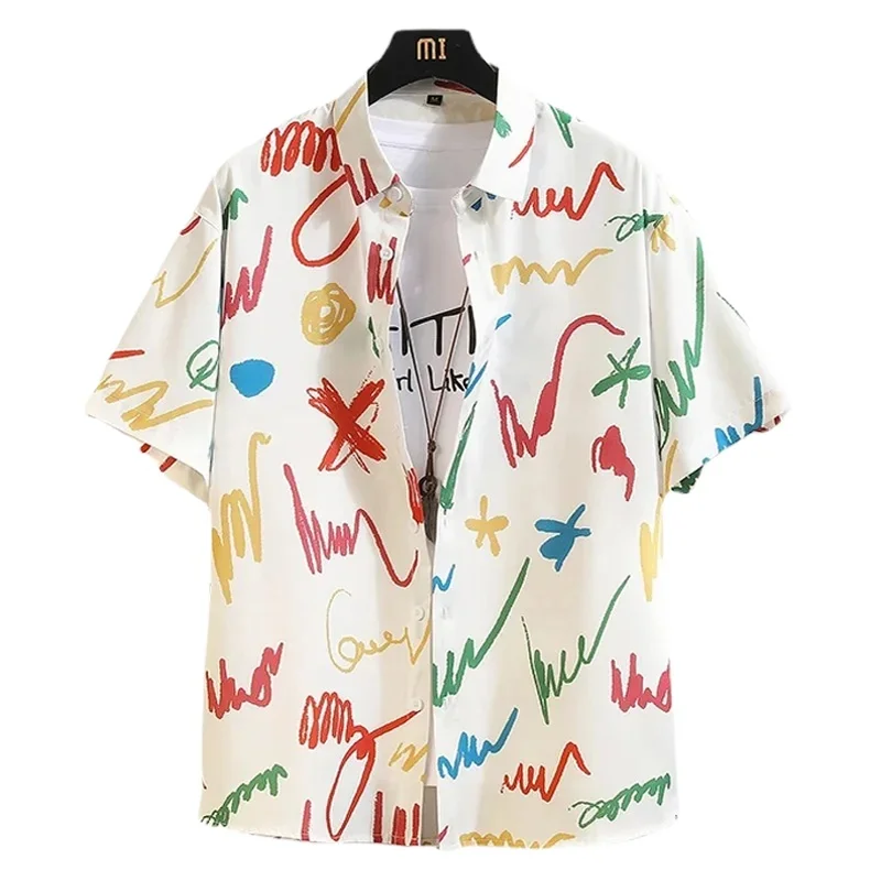 

Men Clothing Multicolor Graffiti Printed Cardigan Shirts 2025 Summer Casual Ice Silk Camisas Hawaiana Mens Hip Hop Streetwear