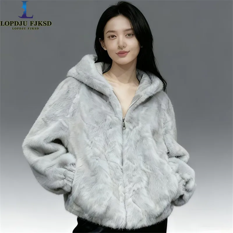 Faux Mink Fur Coat for Women,Short Jacket,Hooded Outwear,Lace-Up,Luxury,Autumn and Winter,2025