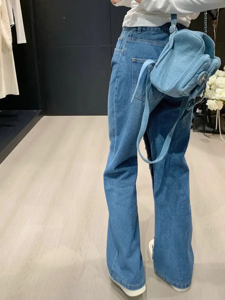 Calça jeans reta americana retrô de cintura alta para mulheres, primavera e outono, novo design de rua alta, calças soltas de pernas largas