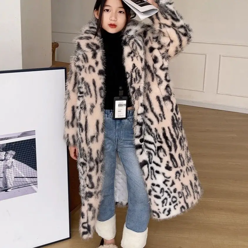

Новое детское теплое осеннее и зимнее меховое экологически чистое пальто с леопардовым принтом, 2025 г., свободное и модное пальто из искусственного дального пальто