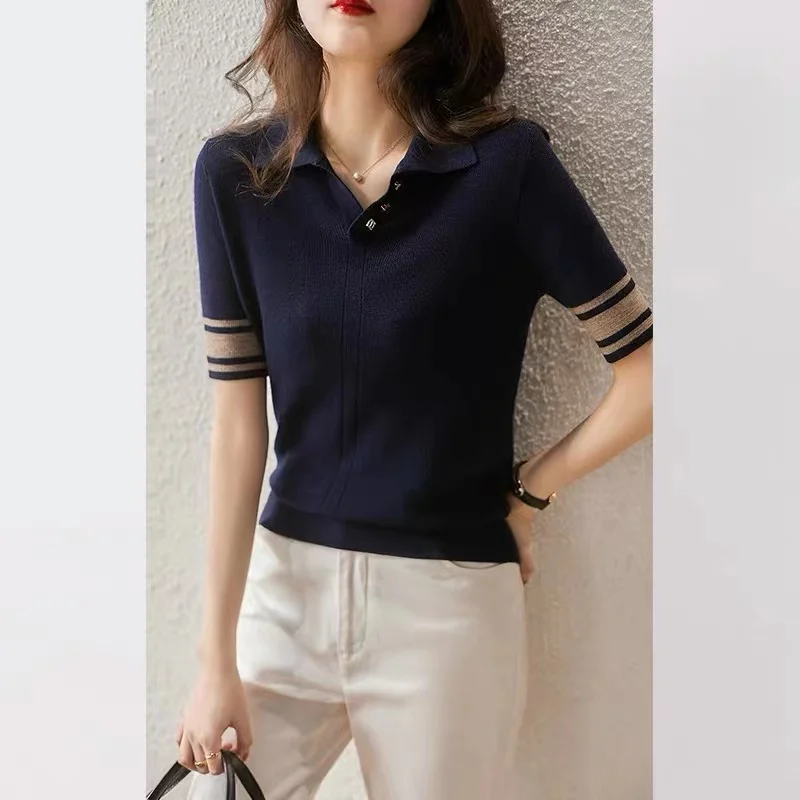 knit short sleeve women summer POLO lapel cotton thread half sleeve loose ice T-shirt cotton and linen bottom jacket thin