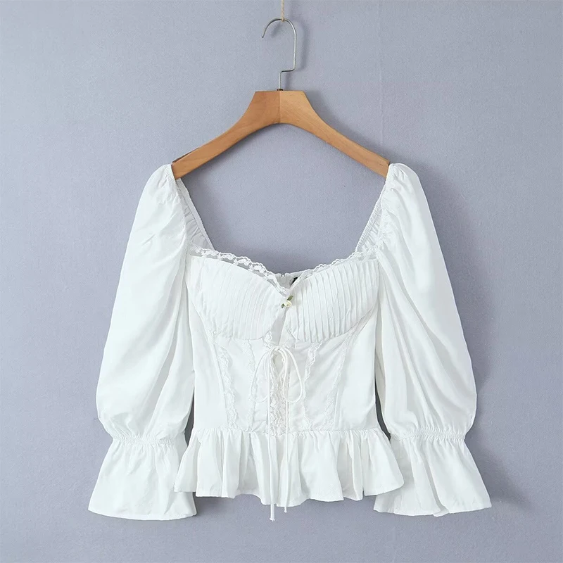 YENKYE Y2K Women High Quality Lace Trim White Blouse Front Lacing Up Puff Sleeve Sexy Elegant Sweet Crop Top