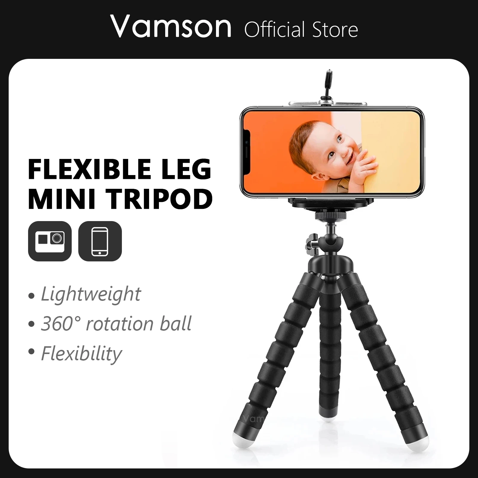 Vamson-Mini trípode Flexible para teléfono inteligente, soporte con clip para GoPro Hero 11, 10, 9, 8, 7, 6, 5, 4, yi, 4k, DJI