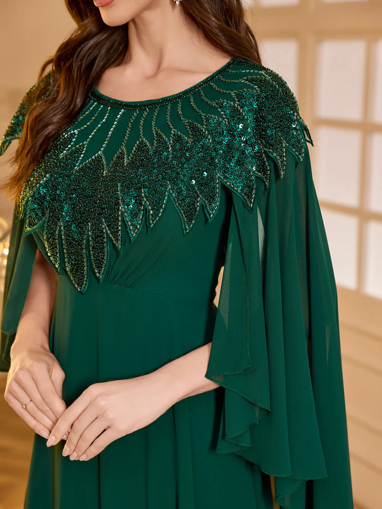 UNITHORSE فستان سهرة شيفون بأكمام طويلة مطرز بالخرز مقاس صغير للنساء، فستان أنيق للحفلات #6