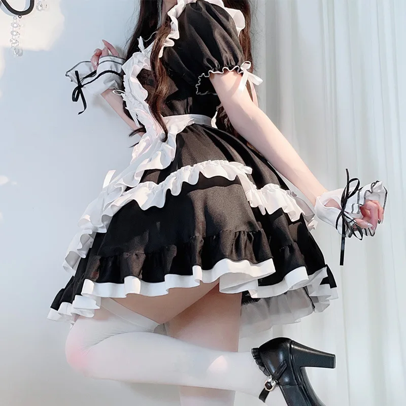 Abito da cameriera in bianco e nero gotico scuro Carino Loli Lolita Anime Cosplay Court Cos Abito da ragazza morbido Gonna Lolita sexy