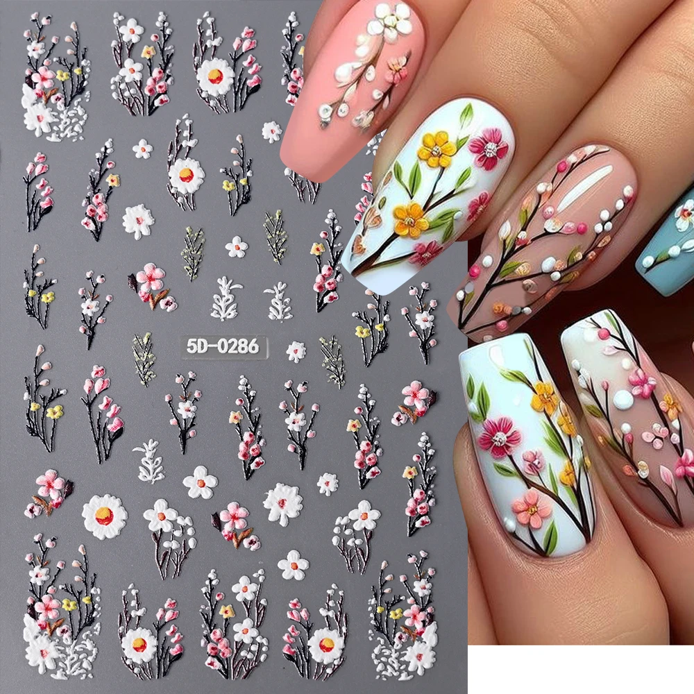 5D Embossed Texture Floral Nail Art Stickers Autumn Leaves Daisy Flower Adhesive Sliders Elegrant Wedding Design Engraved Decals