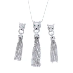 Europe America Fashion Style Beads Chain Necklace Earrings Women Lady Tassels Green Eyes Full Zircon Leopard Pendant Jewelry Set