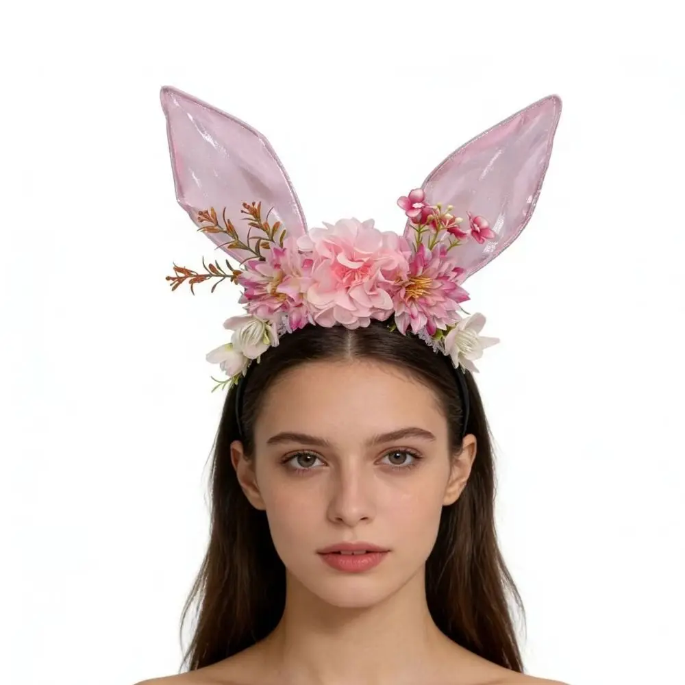 

Flower Rabbit Ears Headband Colorful Floral Easter Headwear Cute Headpiece Photography Props Bunny Ears Hair Hoop Party Favors