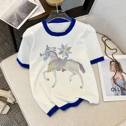 Women Stylish Casual Contrast Color Rhinestone Ice Silk Knitted T-shirt Summer Elegant Chic O Neck Short Sleeve Loose Basic Tops