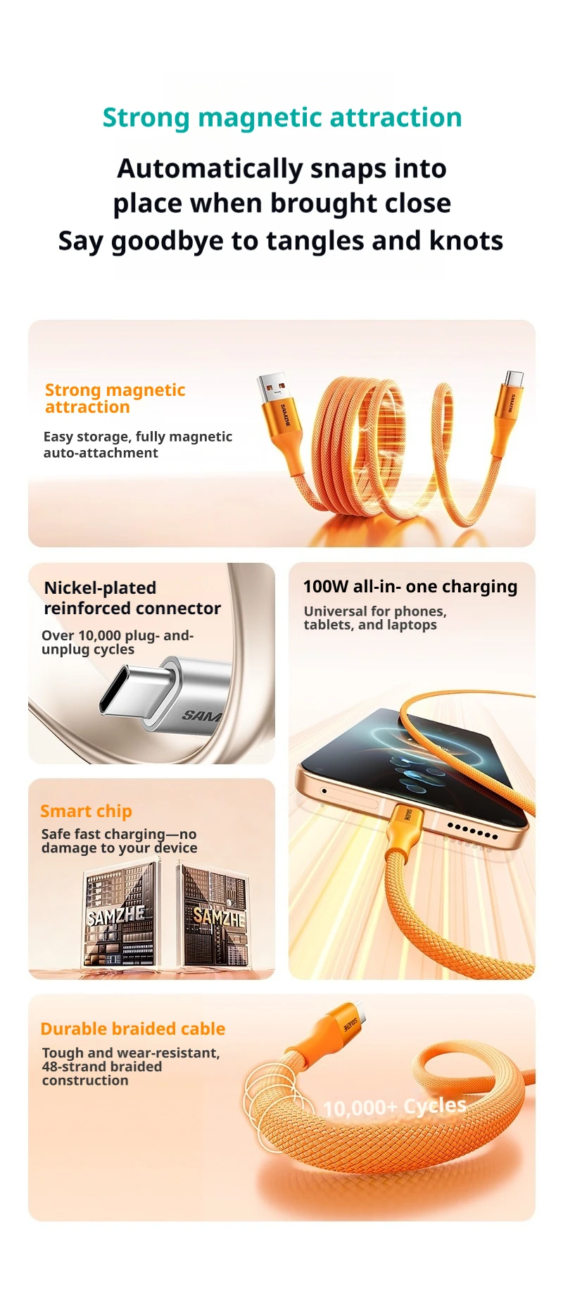 SAMZHE 100W Magnetisches USB-C-Ladekabel für iPhone 17/16/15, Samsung, Xiaomi, Huawei, Honor – USB-C-Nylon-Lade- und Datenkabel – Detail 2