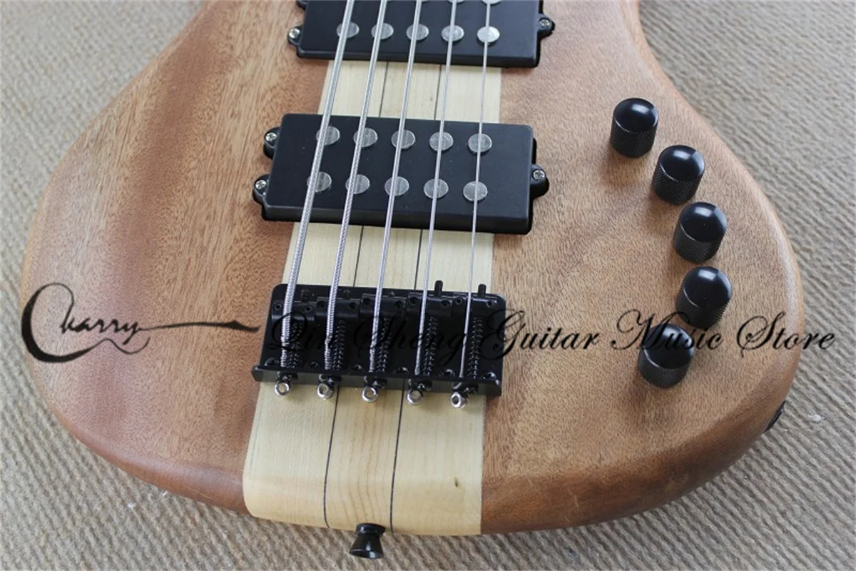 5 strings bass guitar,W matte natural bass ,maple neck through mahogany body,rosewood veneer,black bridge,active battery