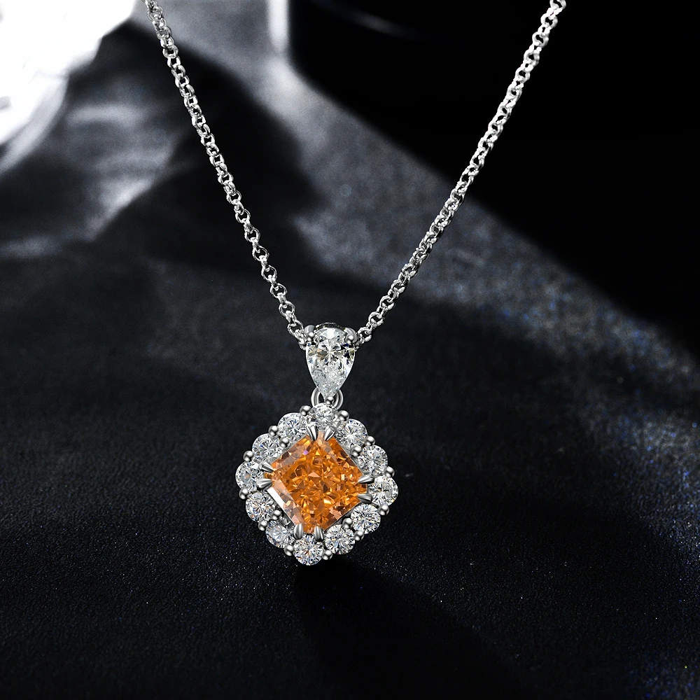 WUIHA Real 925 Sterling Silver VVS 7*7MM Fancy Vivid Orange Sapphire Created Moissanite Diamond Pendant Necklace for Women Gifts