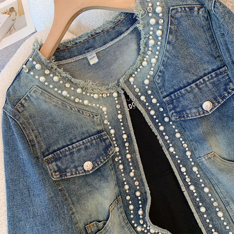 Y2K Denim Jacket for Women Spring Autumn 2024 New Heavy Industry Beading Jeans Coat Fashion O-Neck Bomber Short Outerwear Female