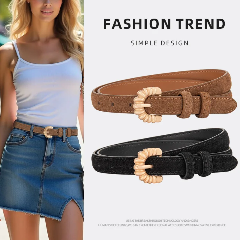 

Fashion High-end Retro Frosting Suede Pin Buckle Cowskin Belt for Women's Decoration Paired with Jeans High-quality Women's Belt