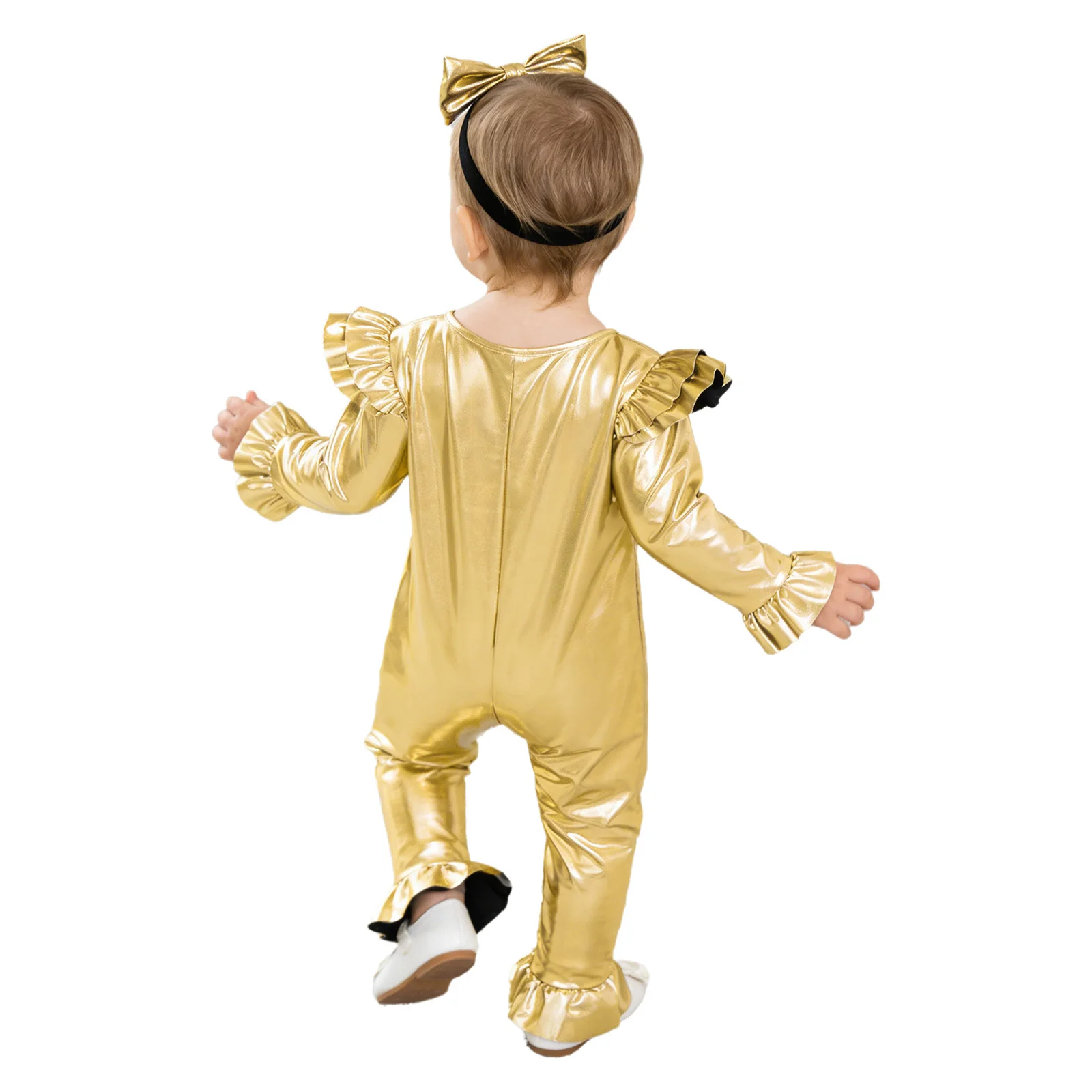 Baby Girls Birthday Disco Theme Party Carnival Costume Metallic Shiny Ruffles Romper Long Sleeve Zipper Jumpsuit with Headband